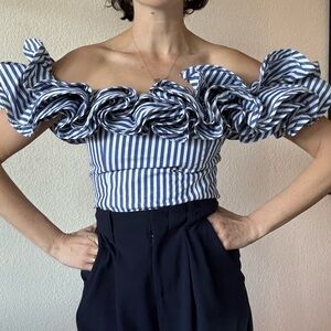 Petersyn Blue Sriped Off the Shoulder top. Size XS